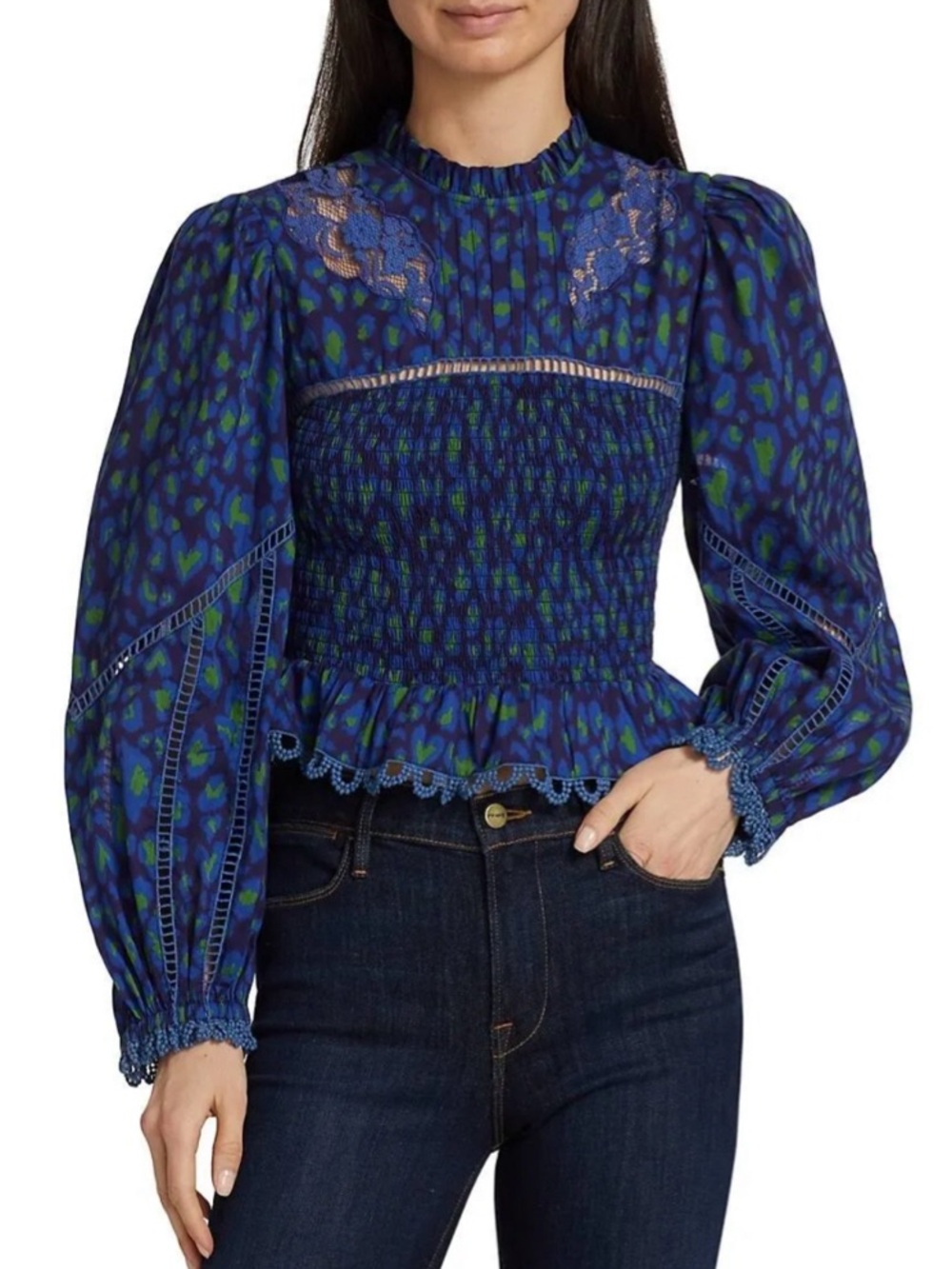 Farm Rio Leopard Pop Smocked Peplum Blouse Long Puff Sleeve Boho Top Size Medium - Picture 16 of 16